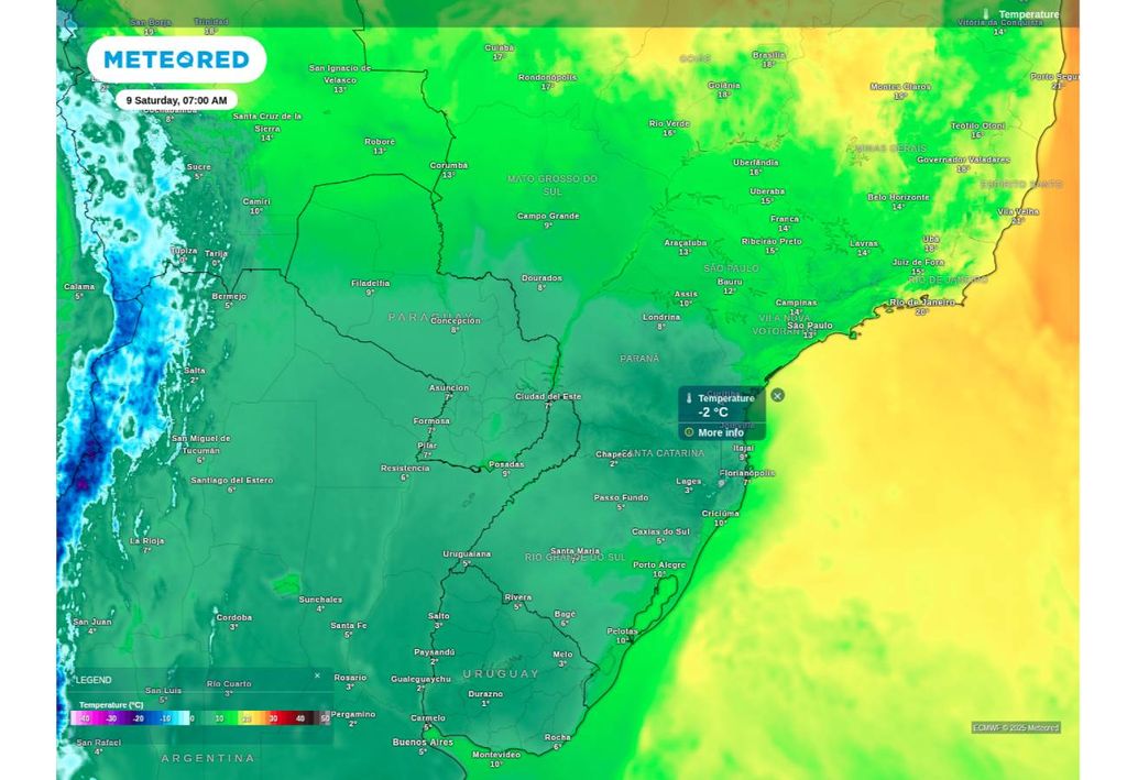 Previsão de temperatura mínima neste sábado (9), de acordo com o ECMWF.