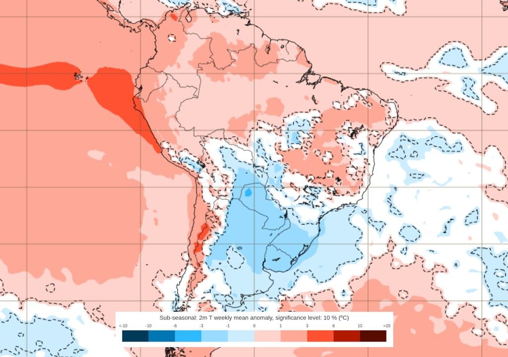 Previsão de anomalias de temperatura entre os dias 6 e 13 de Julho (modelo ECMWF) mostra que o frio pode continuar pronunciado no centro-sul do país (especialmente no RS e em SC).