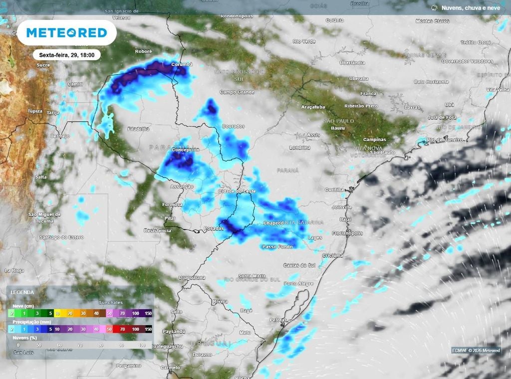 Mapa de nuvens e precipitação. Nesta sexta-feira (29) é esperado o retorno das chuvas para áreas dp RS, PR, SC e MS. Em algumas áreas podem ser registradas chuvas intensas e tempestades.