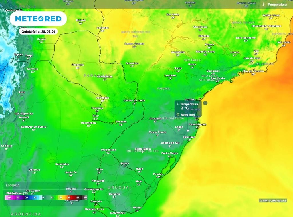 Mapa de temperatura para a manhã desta quinta-feira (28). A previsão é de temperaturas menores na manhã desta quinta (28) em relação a quarta-feira (27) devido ao aumento da intensidade do ar polar sobre o Sul e MS.