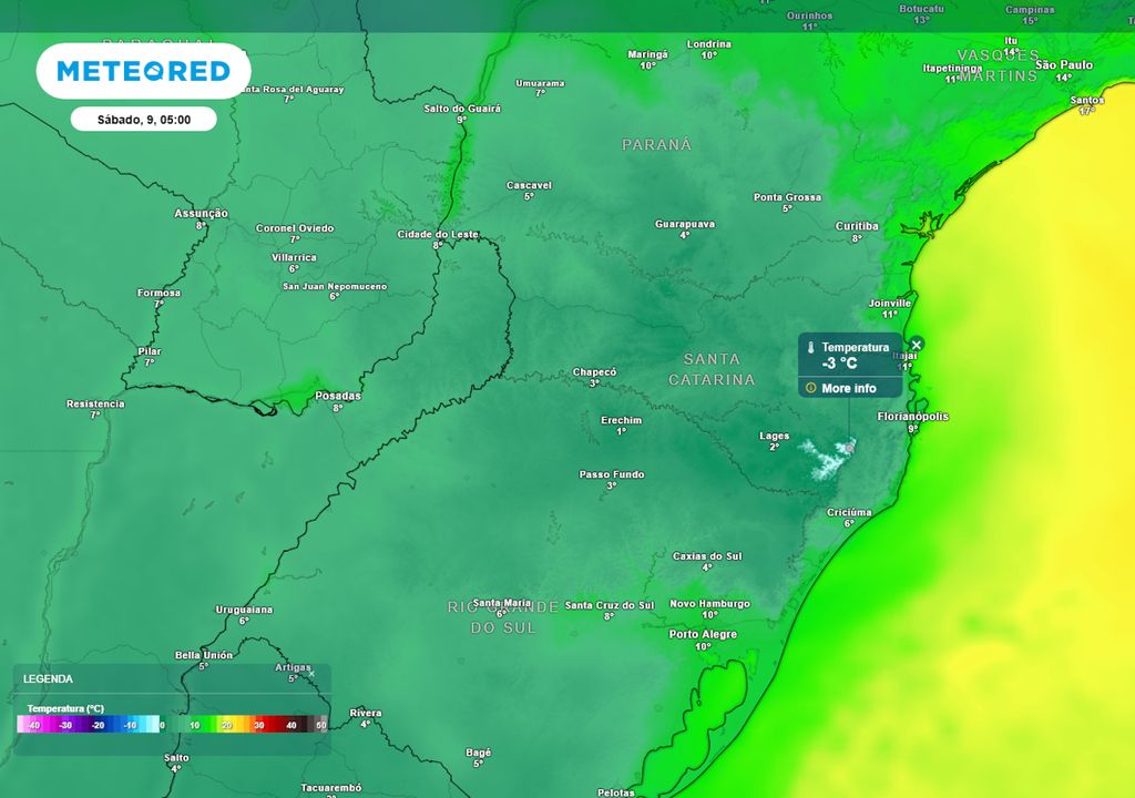 Previsão de temperaturas mínimas no sábado de madrugada.