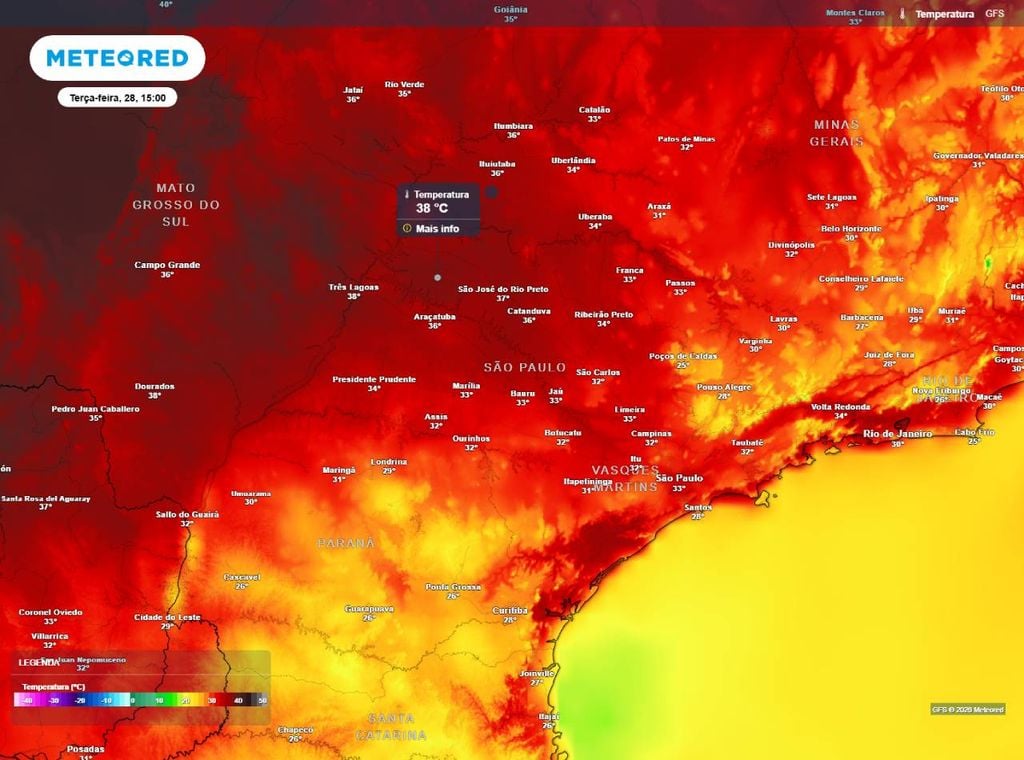 Previsão da temperatura máxima do ar (em °C) para a tarde de terça-feira (28), mostrando temperaturas elevadas em São Paulo de quase 40°C.