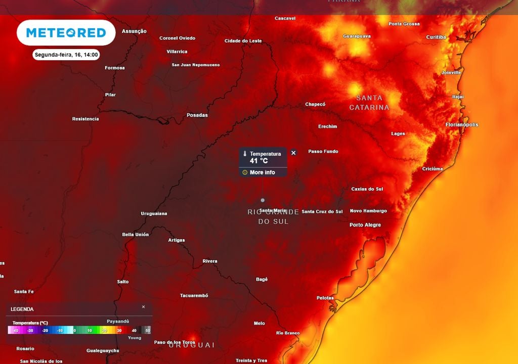 Previsão de temperaturas máximas na segunda-feira de tarde mostra valores de até 41°C sobre a maior parte do Rio Grande do Sul, com calor muito intenso sobre todo o estado gaúcho.