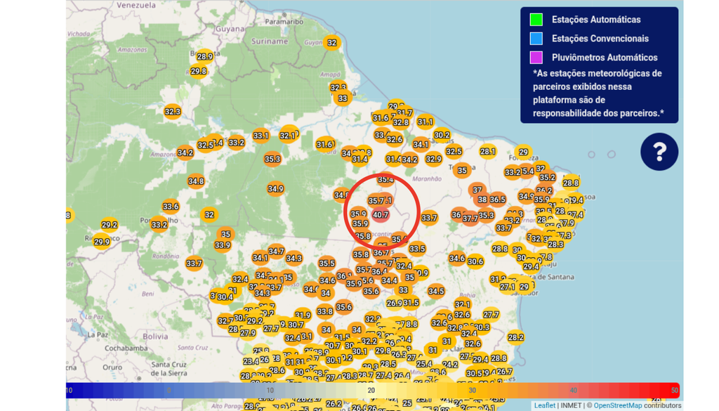 Temperaturas máximas da tarde de quarta-feira (8), com destaque para 40,4°C no Tocantins. Créditos: Adaptado de INMET. Temperaturas máximas da tarde de quarta-feira (8), com destaque para 40,4°C no Tocantins. Créditos: Adaptado de INMET.