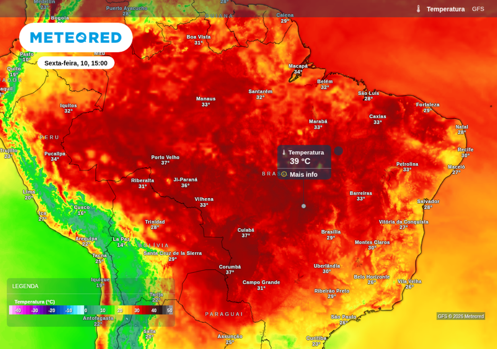 Previsão de temperatura máxima nesta sexta-feira (10), segundo o modelo GFS. Previsão de temperatura máxima nesta sexta-feira (10), segundo o modelo GFS.