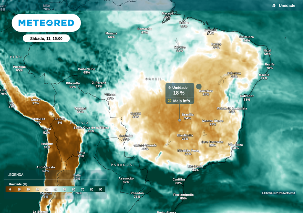 Previsão de umidade relativa mínima para a tarde de sábado (11), segundo o ECMWF. Previsão de umidade relativa mínima para a tarde de sábado (11), segundo o ECMWF.