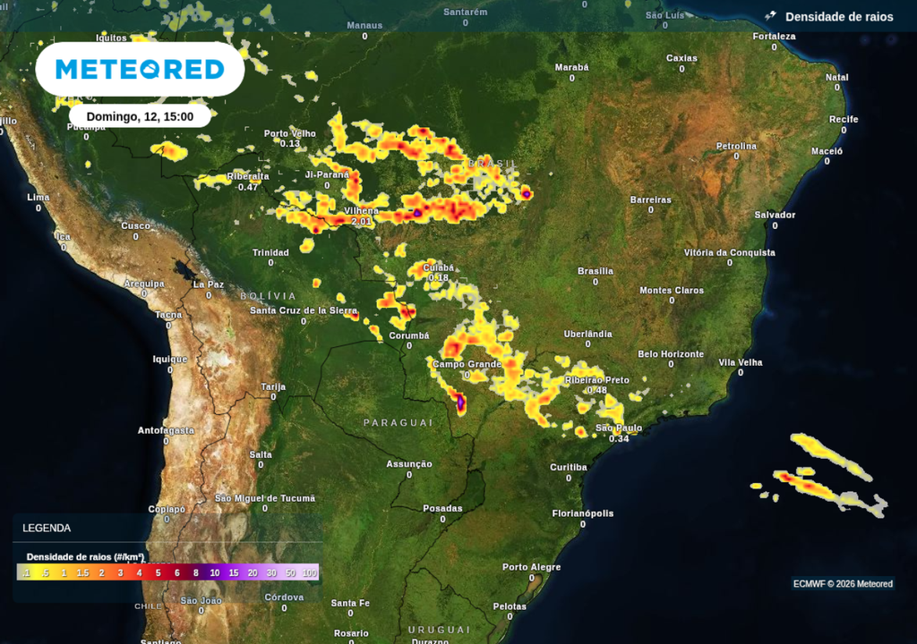 A previsão do ECMWF indica tempestades avançando domingo (12) sobre o Centro-Oeste e Sudeste. A previsão do ECMWF indica tempestades avançando domingo (12) sobre o Centro-Oeste e Sudeste.