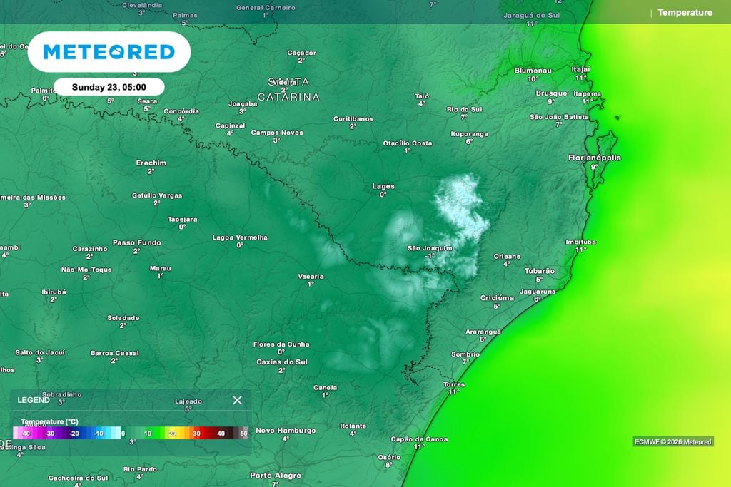 Previsão de temperatura para domingo (23), às 5h, indica valores negativos em São Joaquim e próximos de 0°C no Planalto Sul catarinense.