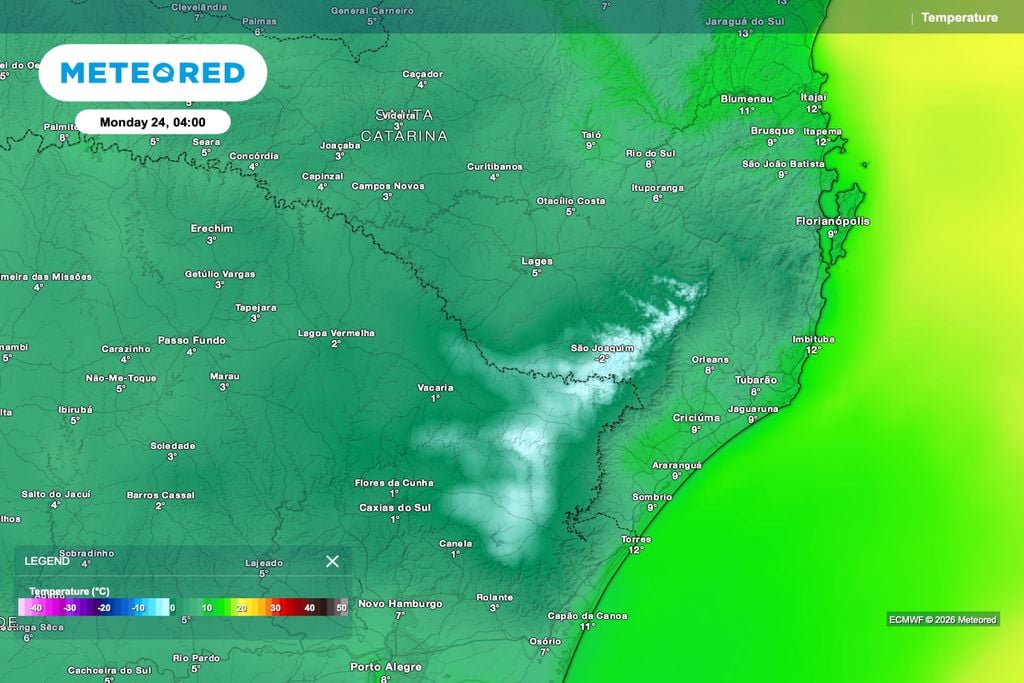 Previsão de temperatura para segunda-feira (24), às 4h.