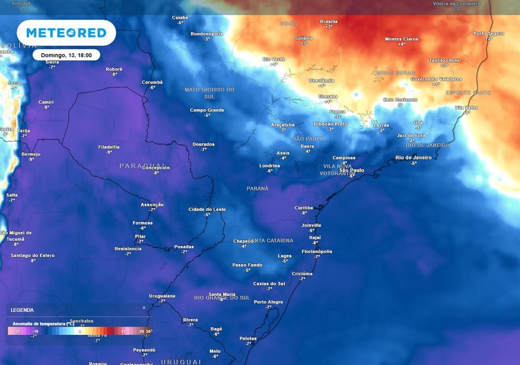 Previsão de anomalias de temperatura em 850 hPa no domingo de tarde. Previsão de anomalias de temperatura em 850 hPa no domingo de tarde mostra uma forte massa de ar frio avançando pelo Brasil ao longo do final de semana, trazendo frio intenso.