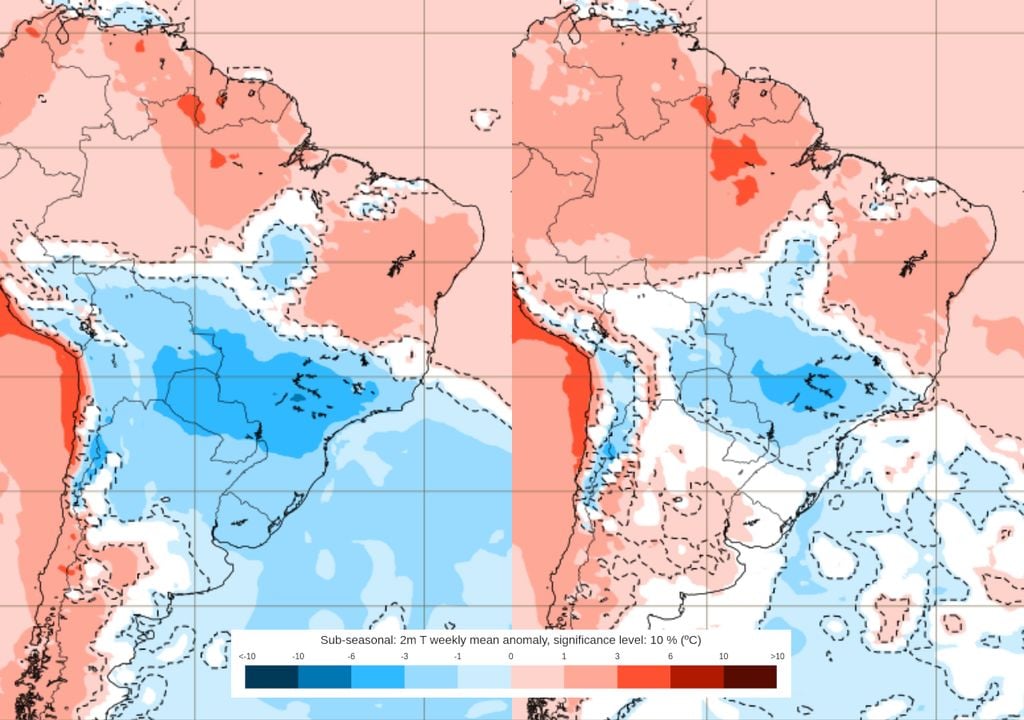 Previsão de anomalias de temperatura entre os dias 14 e 21 (esquerda) e 21 e 28 de Setembro (direita). Previsão de anomalias de temperatura entre os dias 14 e 21 (esquerda) e 21 e 28 de Setembro (direita) indicam que as próximas semanas serão marcadas por um frio expressivo.