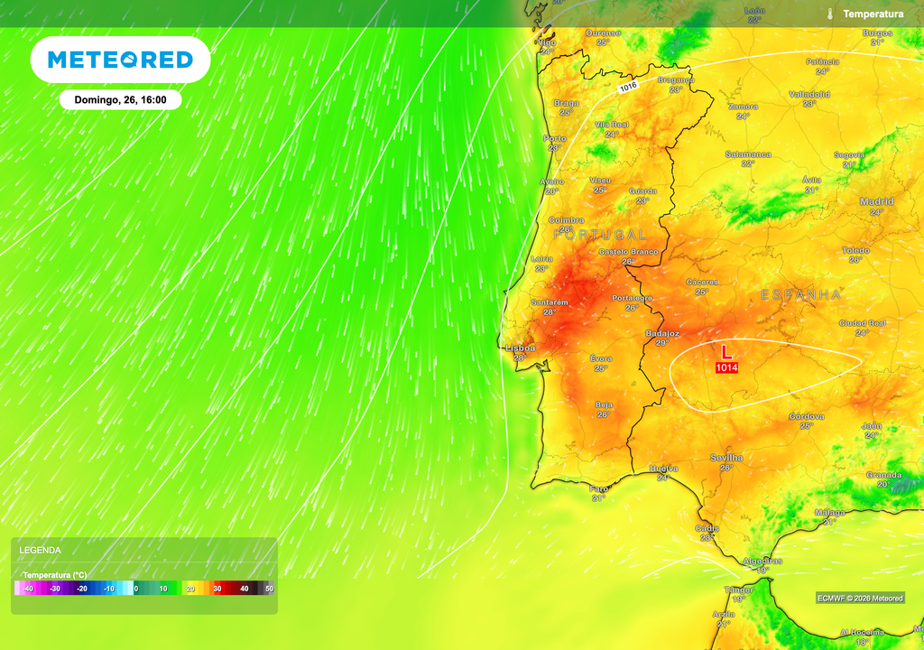 A previsão de temperatura para domingo à tarde mostra uma subida generalizada dos valores em Portugal continental, com máximas mais elevadas no interior, refletindo a influência de uma massa de ar mais quente sobre a Península Ibérica.