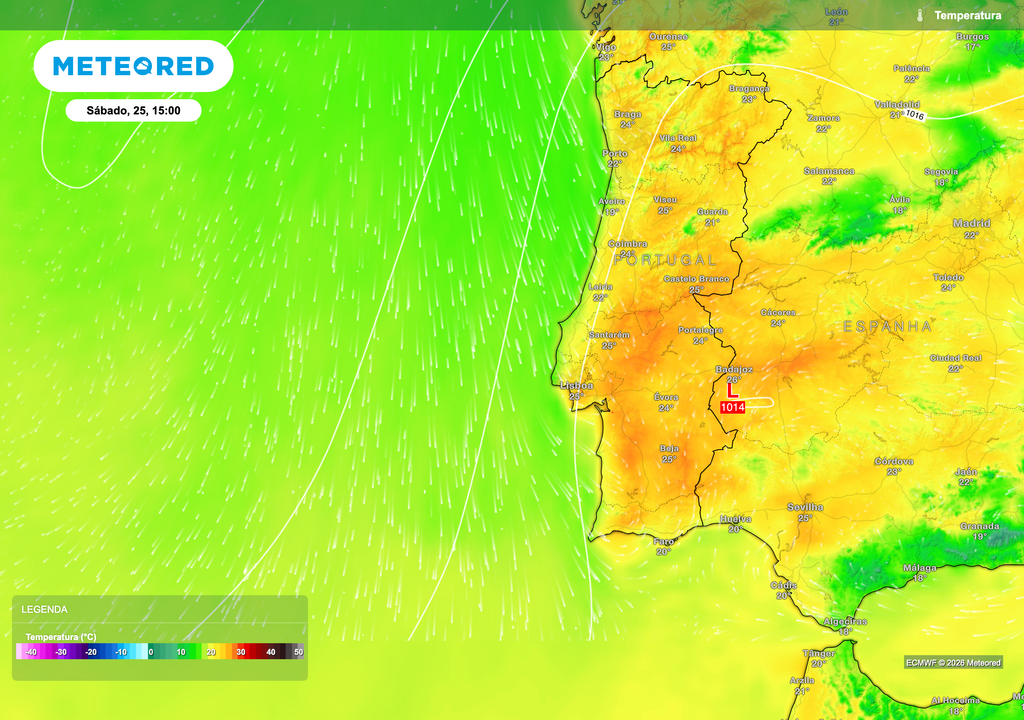 As temperaturas à superfície na tarde de sábado já refletem a influência de uma massa de ar quente, marcando o início de um episódio de aquecimento progressivo, com maior resposta térmica no interior e um litoral ainda condicionado pela proximidade atlântica.