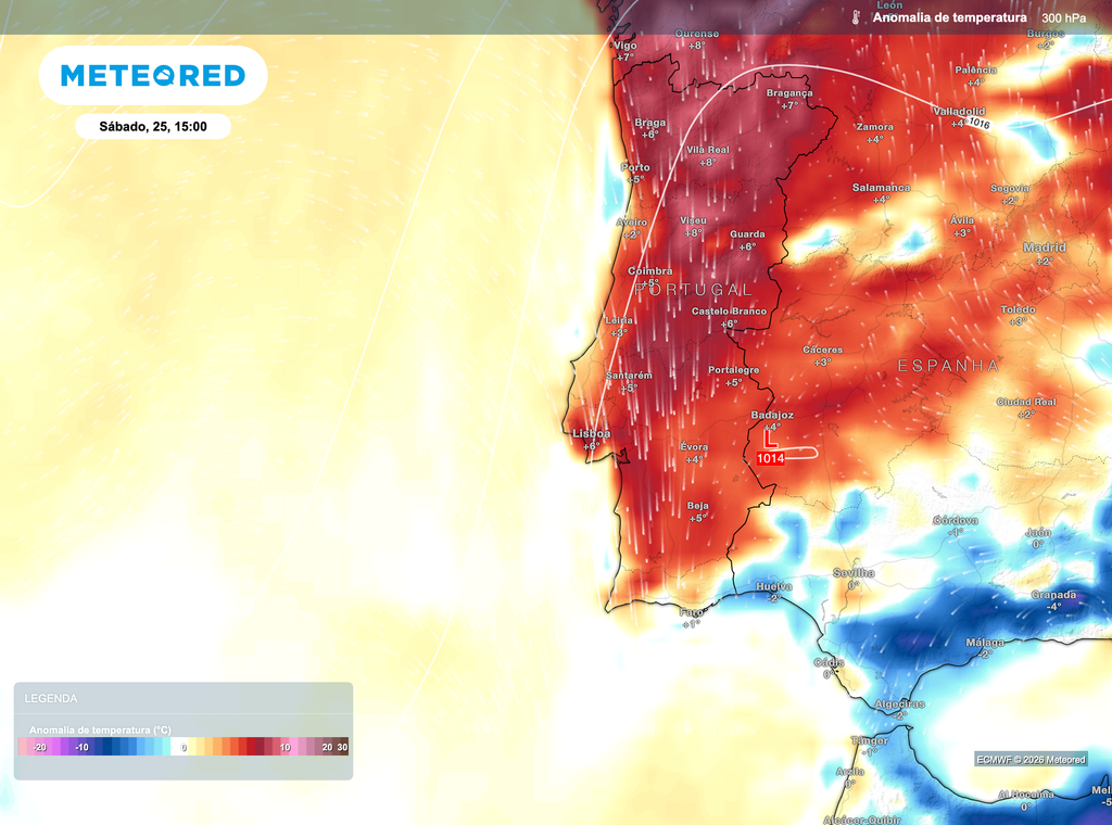O mapa da anomalia de temperatura em altitude para sábado mostra desvios positivos generalizados sobre Portugal continental. Os tons mais intensos sobre o território traduzem um cenário de aquecimento anómalo, mais marcado no interior, contrastando com valores menos elevados junto ao litoral.
