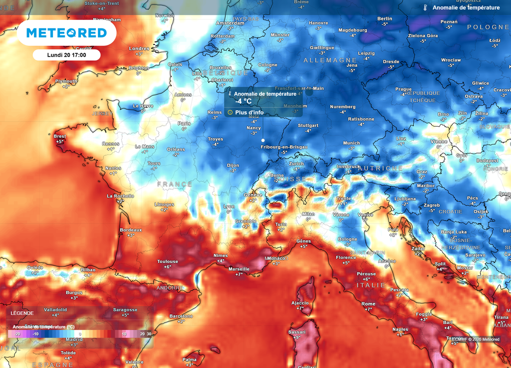Lundi après-midi, le quart Nord-Est pourrait bien se retrouver 3 à 4°C sous les normales de saison : rien d'inquiétant, avec simplement 23 à 25°C au lieu des 27 à 29°C plus habituels.