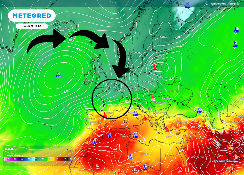Contournant l'anticyclone atlantique, de l'air en provenance de la mer du Groenland arrivera lundi dans un flux de Nord à Nord-Est sur la France.