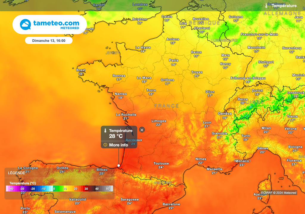 Chaleur dans le sud-ouest de la France demain après-midi.
