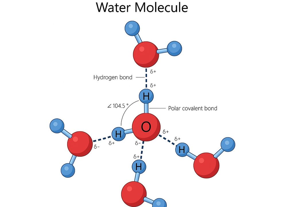Le molecole dell'acqua liquida con i legami a idrogeno