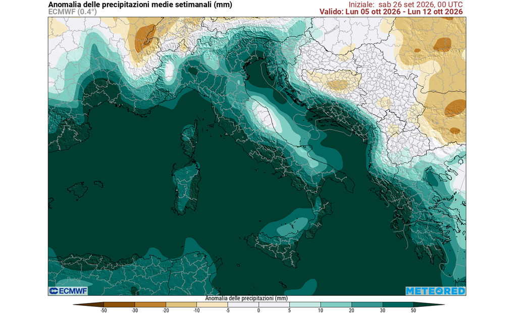 Come evidenziato dalle tendenze settimanali di ECMWF sulla piovosità, le perturbazioni oceaniche dovrebbero riuscire a raggiungere con maggiore regolarità l'Europa, il Mediterraneo Occidentale e i bacini prossimi alla penisola italiana. ECMWF-MeteoRed