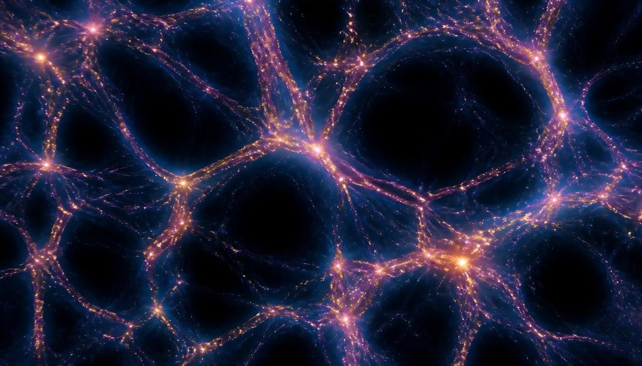 La materia oscura costituisce circa l'85% della materia totale dell'Universo. Le osservazioni dell'Universo evidenziano strutture di galassie e ammassi simili a catene, mentre lo spazio tra queste strutture è vuoto. Si ritiene che la materia oscura costituisca lo scheletro di questa struttura a grande scala, e che la materia ordinaria graviti verso di essa per formare galassie e ammassi.