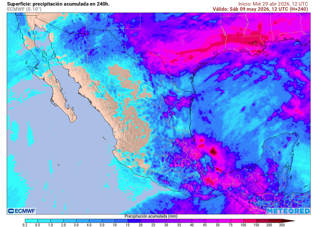 Eventos de lluvias y tormentas, algunas muy fuertes, se pronostican en el norte, centro, oriente, sur y sureste de México por frentes y humedad tropical superando 75 mm.