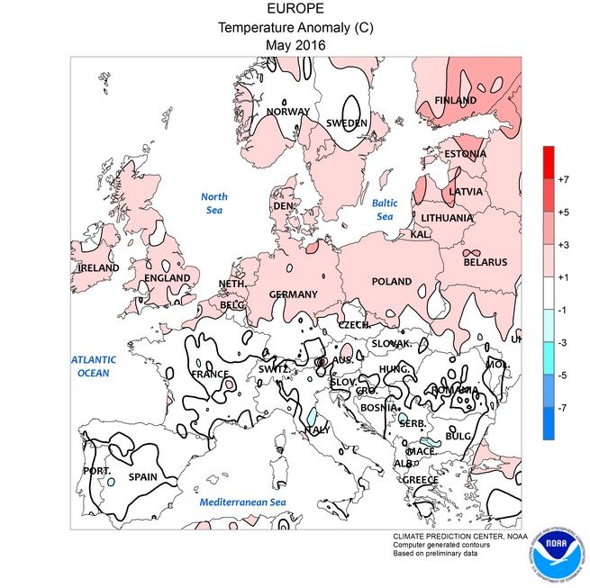 Anomalías de temperaturas en la ventana europea para mayo de 2016 