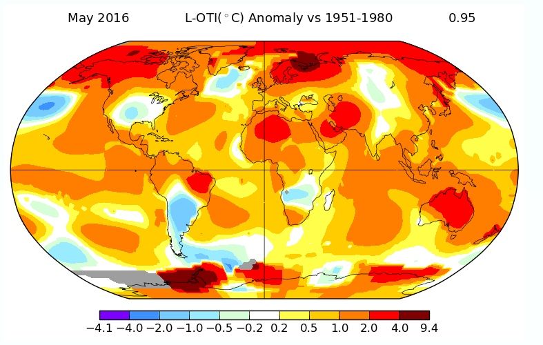 Los registros globales de temperaturas se rompieron de nuevo en mayo de 2016, según los datos recién publicados por la NASA,  que también informó de que fue la primavera  más cálida (Hemisferio Norte) de la historia.El calor ha sido especialmente pronunciado en el Ártico, lo que ha dado un inicio muy temprano de la fusión anual del hielo marino del Ártico y de la capa de hielo de Groenlandia. La capa de nieve en el Hemisferio Norte fue excepcionalmente baja.Las temperaturas récord en mayo fueron acompañadas por otros eventos extremos, incluyendo precipitaciones muy intensas en algunas partes de Europa y el sur de los EE.UU., y el blanqueo de arrecifes de coral de forma generalizada y severa.Anomalías térmicas en mayo de 2016 a nivel global, respecto al periodo 1951-1980."El estado del clima en lo que va de este año nos da muchos motivos de alarma", dijo David Carlson, director del Programa Mundial de Investigaciones Climáticas. "Altas temperaturas. Tasas de derretimiento del hielo en marzo y mayo, que normalmente no vemos hasta julio. Una generación de eventos de lluvia extrema. El súper El Niño es solamente parte de la culpa. Lo Anormal es la nueva Normalidad”."Los rápidos cambios en el Ártico son de particular preocupación. Lo que sucede en el Ártico afecta al resto del globo. La pregunta es ¿continuará la velocidad del cambio? ¿Se va a acelerar? Estamos en un territorio desconocido”.Los avances en la investigación y las observaciones han aumentado nuestra comprensión del sistema climático, y también ha habido avances en la ciencia de la "atribución" para determinar si un evento específico de tiempo extremo estaba relacionado con el cambio climático causado por el hombre o a la variabilidad climática natural.