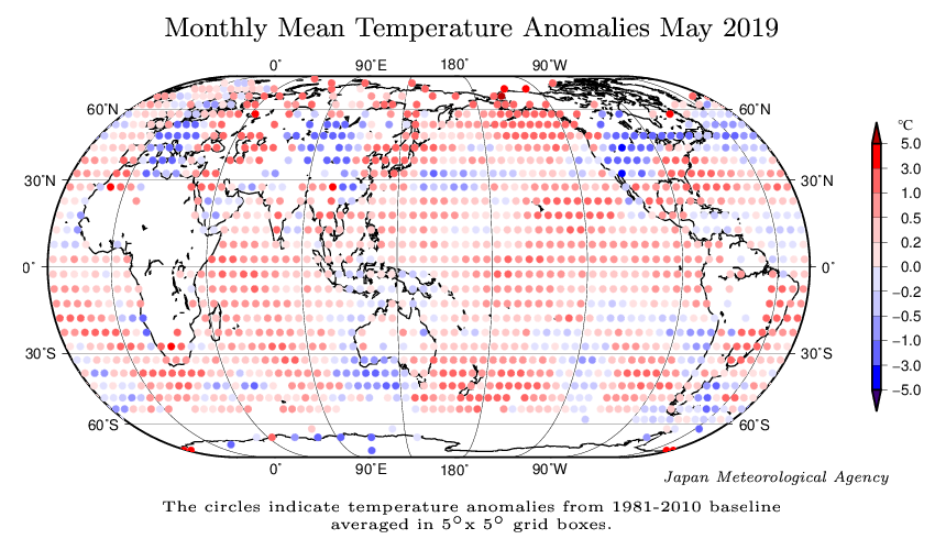 Anomalías térmicas medias del mes de mayo de 2019