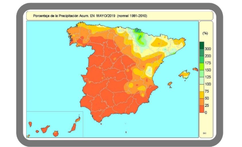 Porcentaje de precipitación acumulada en mayo de 2019 en relación al periodo normal (1981-2010) Porcentaje de precipitación acumulada en mayo de 2019 en relación al periodo normal (1981-2010)