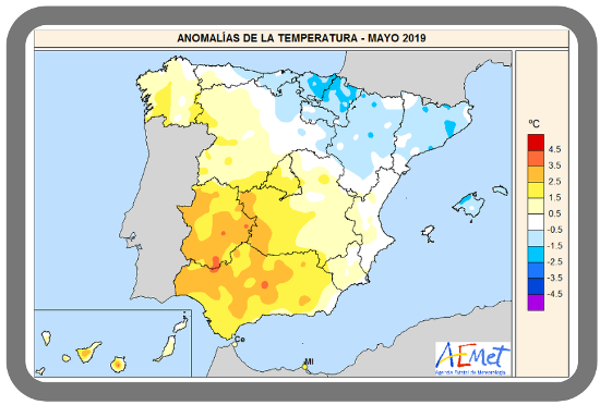 Anomalías de la temperatura de mayo de 2019 en relación al periodo normal (1981-2010) Anomalías de la temperatura de mayo de 2019 en relación al periodo normal (1981-2010)