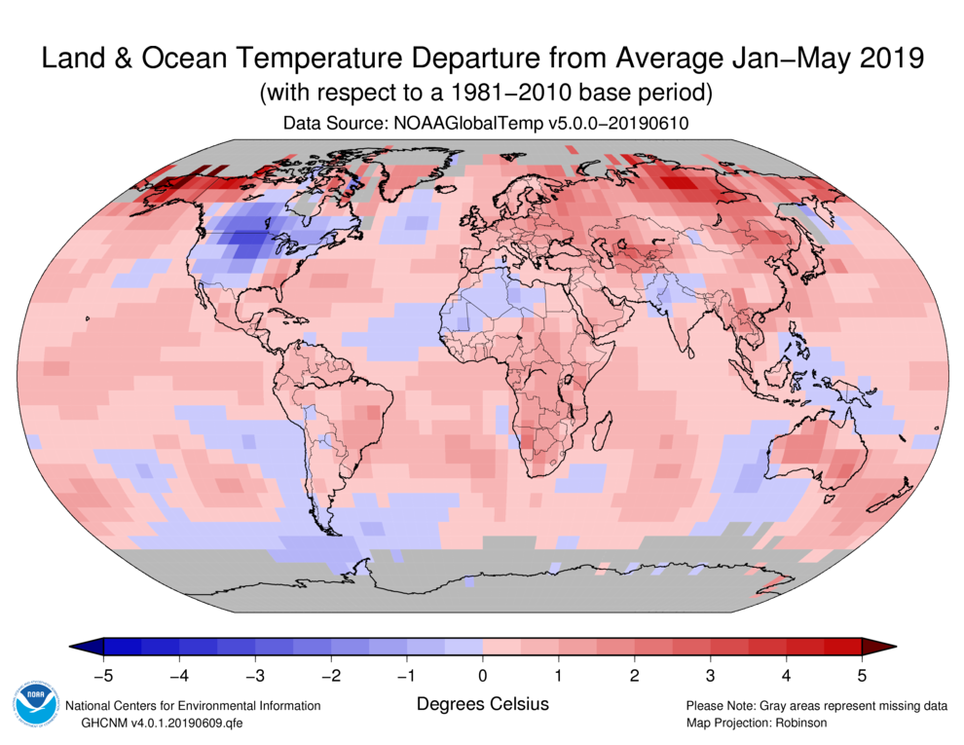 Anomalías de temperatura para el periodo enero - mayo de 2019. NOAA