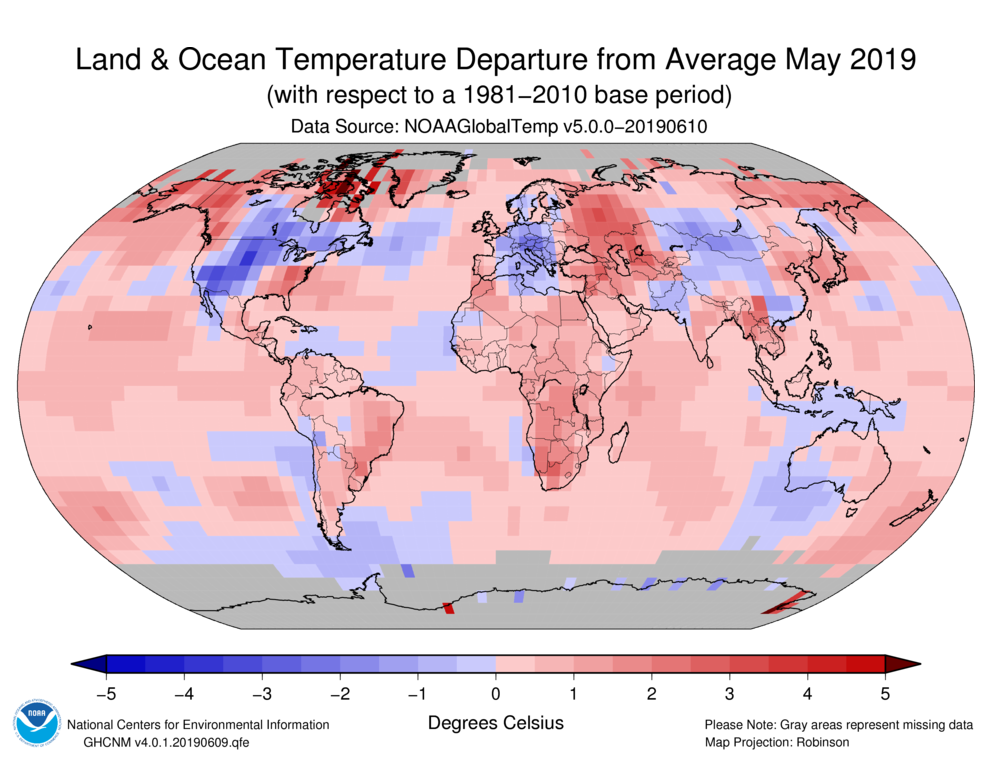 Anomalías de temperatura para mayo de 2019. NOAA