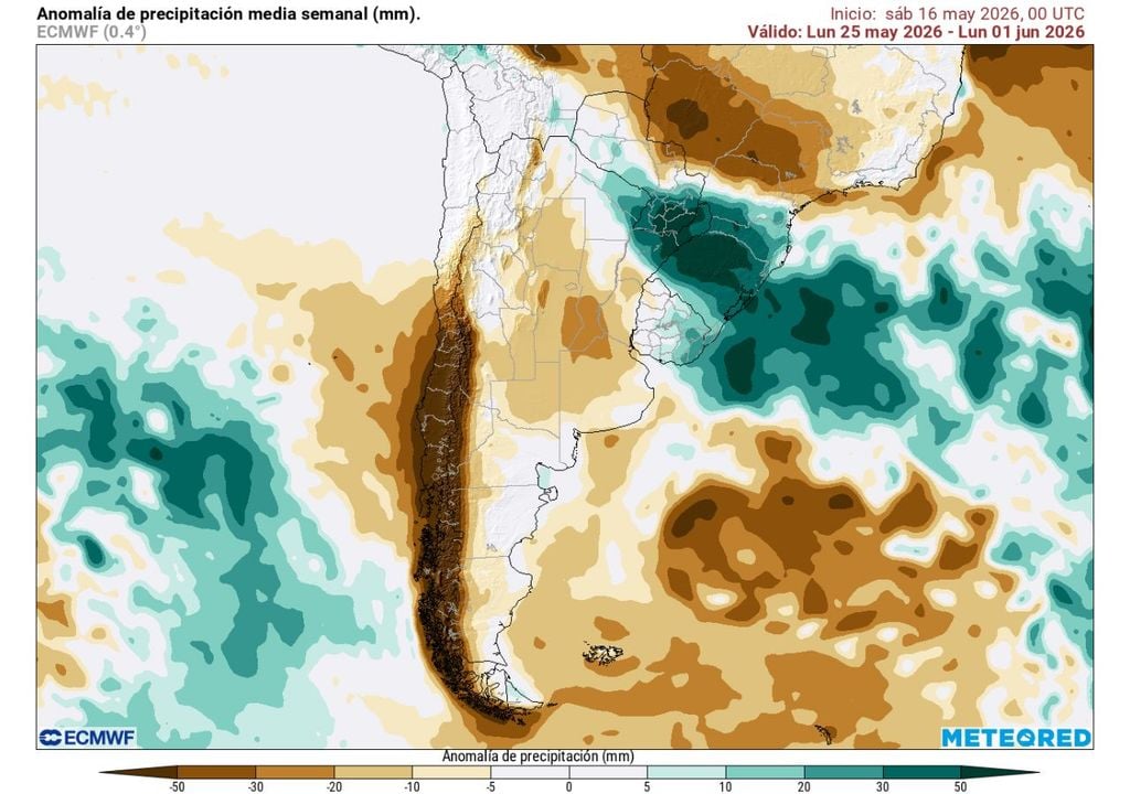 El modelo ECMWF proyecta una semana seca para la zona central de Chile, con anomalías de precipitación negativas de hasta ~50 mm (tonos marrones).