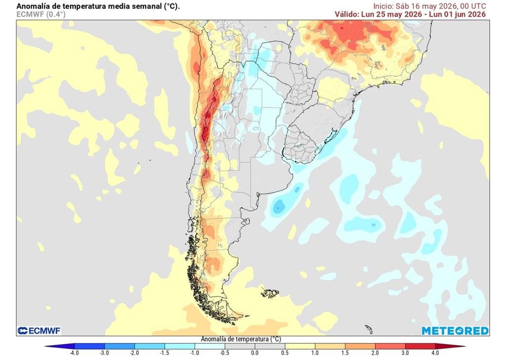 A diferencia de los días previos, el mes se despedirá con temperaturas por sobre lo normal (tonos rojizos), especialmente en el centro-norte y en sectores interiores y precordilleranos.