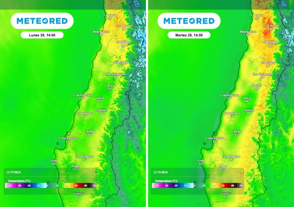Comparativa de temperaturas máximas para el lunes y martes en la zona central. Se observa el marcado ascenso térmico hacia la jornada del martes, con registros que rozarán los 30 °C en los valles interiores.