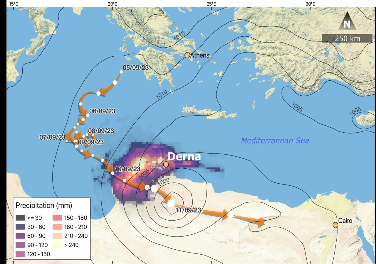 Trayectoria del ciclón Daniel por el mar Mediterráneo y las fuertes lluvias que desencadenó en Libia. Decenas de milímetros de precipitación cayeron en la cuenca del Wadi Derna (línea azul), lo que provocó la inundación. Crédito: Moshe Armon, Yuval Shmilovitz y Elad Dente