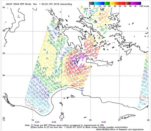 Metop-A y Metop-B ASCAT estimación de vientos de superficie, 28-31 de octubre.