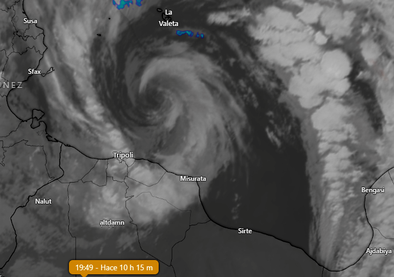 Imagen infrarroja del posible medicane Samuel frente a las costas de Libia a fecha de 16 de marzo de 2026. Fuente: Windy.com
