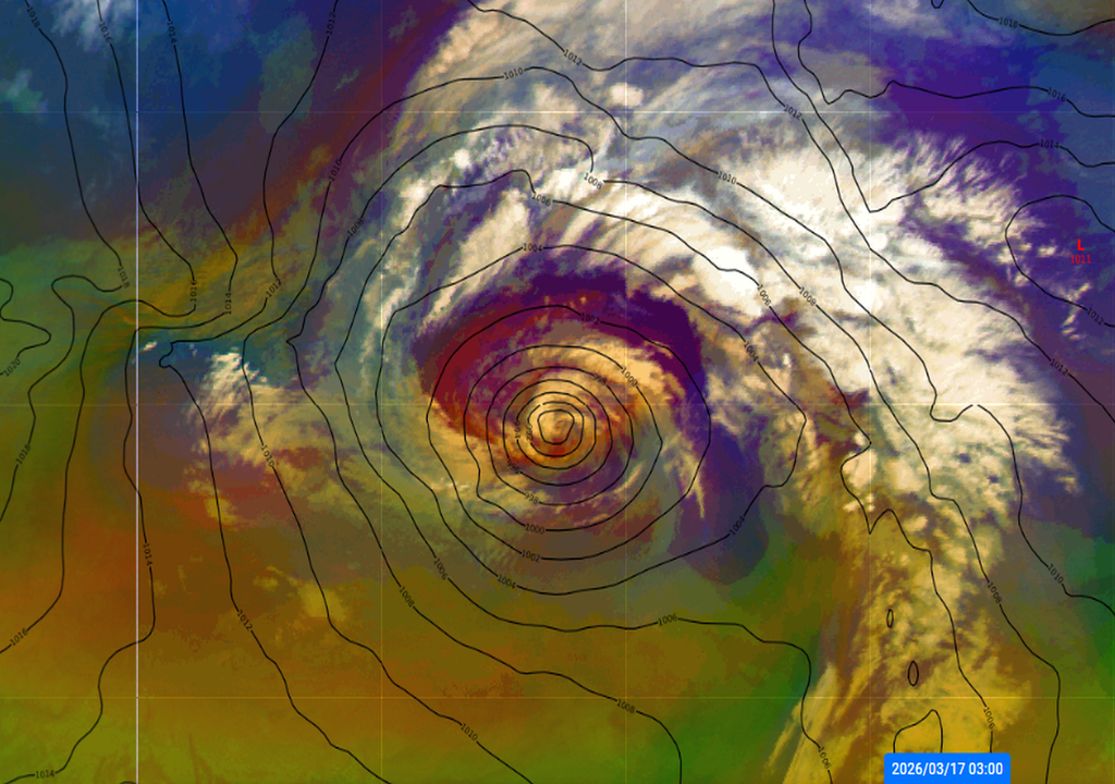 Imagen de masas de aire y presión en superficie para el 17 de marzo de 2026 a las 03 UTC para el posible medicane Samuel. Eumetrain