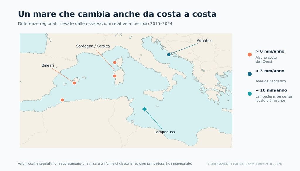 Le variazioni del livello marino non sono uniformi lungo le coste: i valori maggiori si osservano in alcune aree del Mediterraneo occidentale, mentre nel periodo analizzato l'Adriatico mostra generalmente tendenze inferiori. Elaborazione dai risultati di Borile et al. (2026).