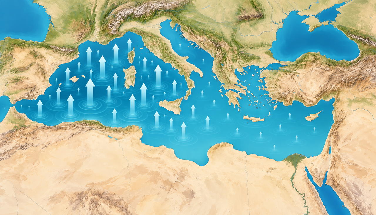 Rappresentazione schematica dell'innalzamento del livello del Mar Mediterraneo. Le frecce di diversa altezza evidenziano le differenze regionali nella velocità di crescita, con aumenti particolarmente pronunciati in alcune aree del bacino occidentale. L'immagine è illustrativa e non rappresenta una misurazione quantitativa. Fonte scientifica: Borile et al. (2026), Copernicus Ocean State Report.