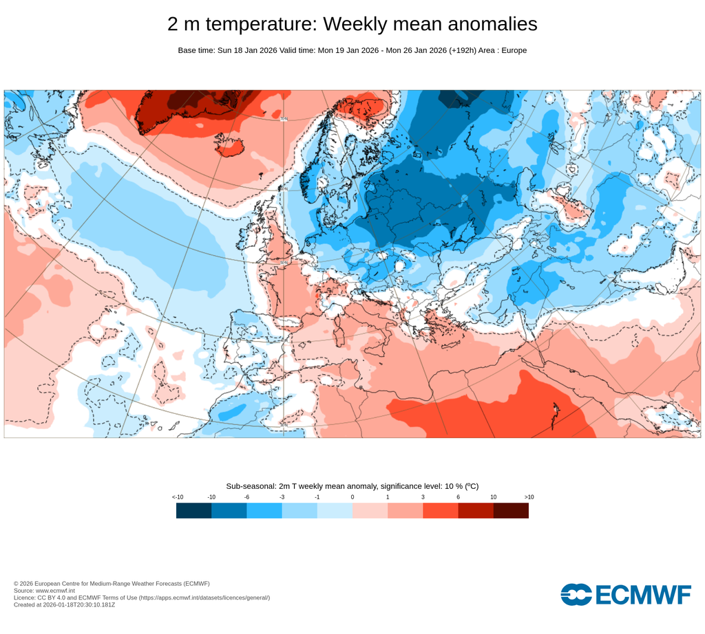 Anomalías semanales de temperatura para el mismo periodo: anomalías cálidas/positivas en escala de rojos y frían/negativas en escala de azules. ECMWF