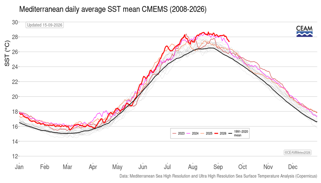 Serie anual de la temperatura superficial del mar media del Mediterráneo. Generada a partir de la información del Servicio Marino Copernicus de la UE: Análisis de la temperatura superficial del mar de alta y ultra alta resolución del mar Mediterráneo (https://doi.org/10.48670/moi-00172). Serie anual de la temperatura superficial del mar media del Mediterráneo. Generada a partir de la información del Servicio Marino Copernicus de la UE: Análisis de la temperatura superficial del mar de alta y ultra alta resolución del mar Mediterráneo (https://doi.org/10.48670/moi-00172).Fuente: CEAM
