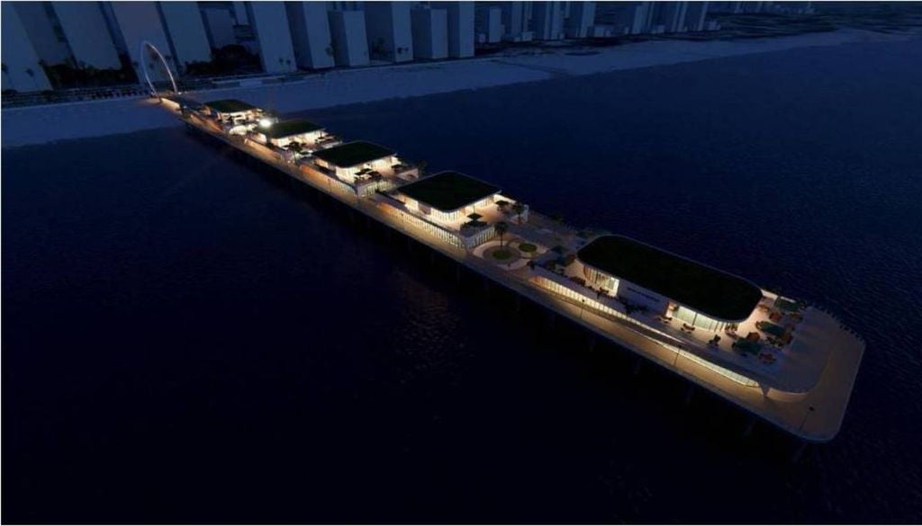 Renderização de como será o novo píer turístico de Praia Grande. Fonte: Prefeitura de Praia Grande/Divulgação.