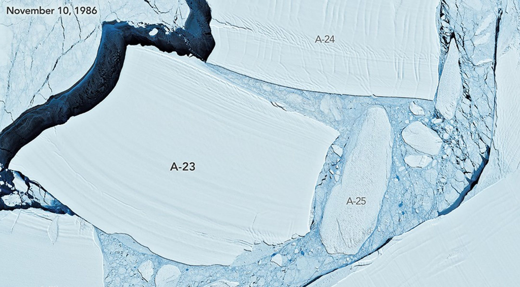 Imagen del iceberg A-23 a fecha de 10 de noviembre de 1986 al inicio de su viaje. NASA