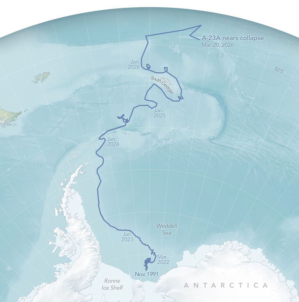 Un mapa del Océano Austral y el Atlántico Sur con la Antártida en la parte inferior, que muestra la trayectoria del iceberg A-23A como una ruta generalmente hacia el norte con varios bucles y desviaciones.