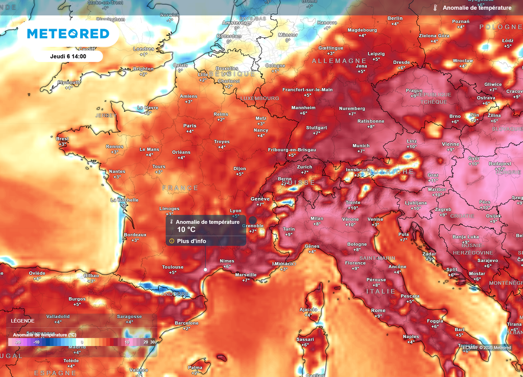 Anomalie de températures jeudi 6 août Jeudi 6 août, la quatrième canicule pourrait vivre ses dernières heures dans le Sud-Est, avec des températures encore 10°C au-dessus des normales de saison localement.