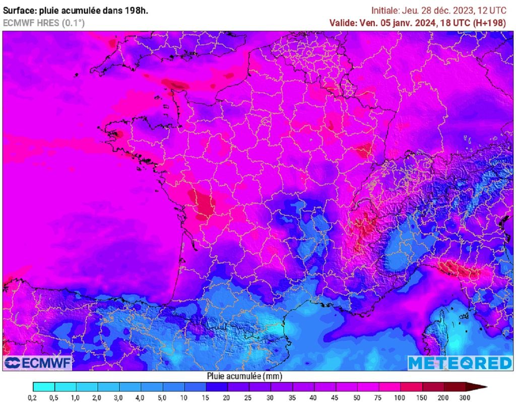 Les quantités de pluies prévue ces prochains jours s'annoncent importantes, en particulier dans le centre-ouest (modèle ECMWF).