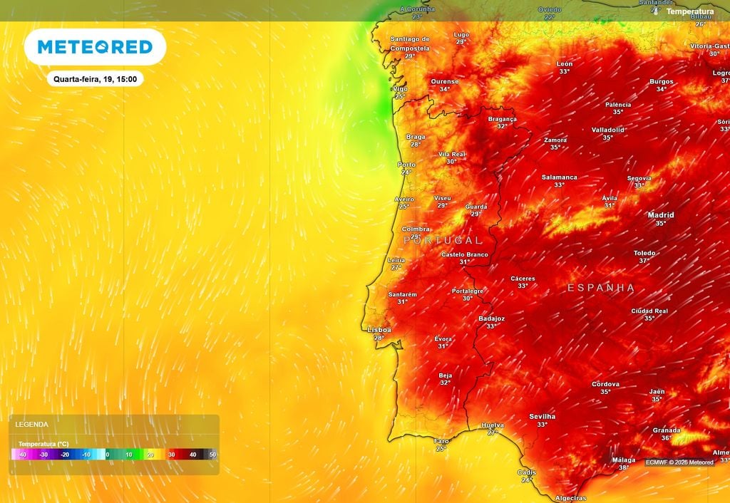Previsão da temperatura do ar a 2 metros da superfície às 15:00 de quarta-feira, 19 de agosto, em Portugal continental.