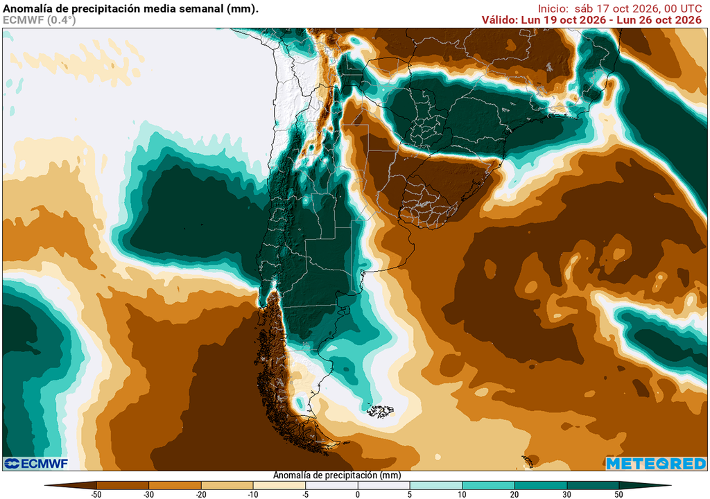 Pronóstico, Tiempo, Clima, Argentina Anomalía de precipitaciones prevista para los próximos 7 días según el modelo ECMWF